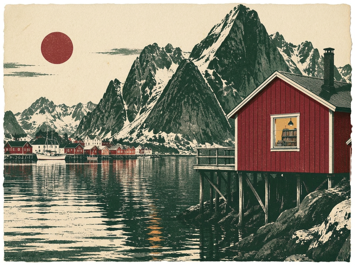 Illustrated red fishing cabin with a lit window of books beside the water in Henningsvær